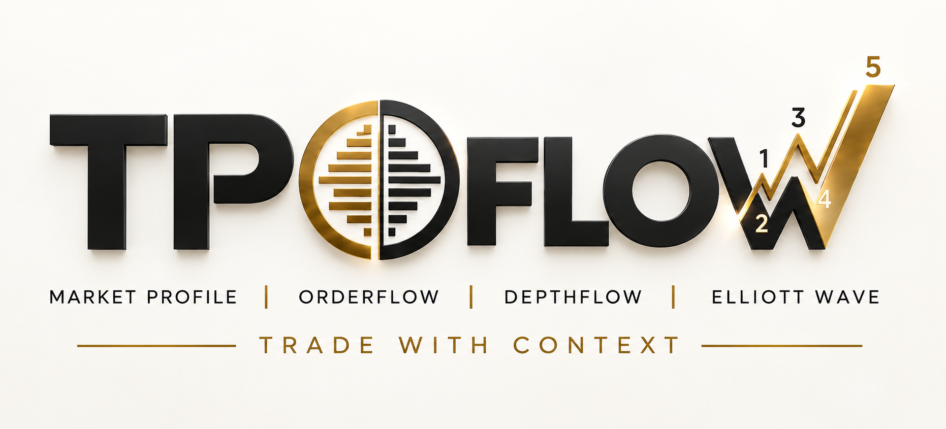 TPOFLOW original black and gold logo with Market Profile, Orderflow, Depthflow and Elliott Wave